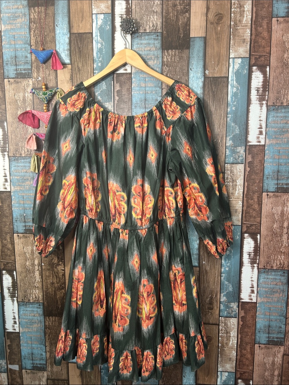 A loves A cotton Boho Green Floral Off-Shoulder Tiered Dress